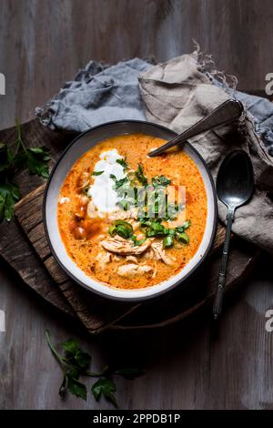 Schüssel mit verzehrfertigem Chili mit Hühnerfleisch Stockfoto