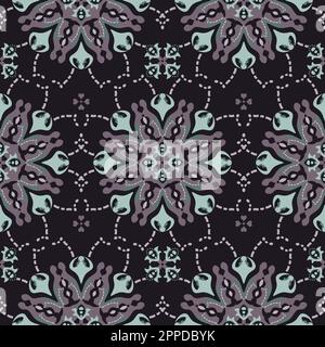 Nahtloses Muster Mandala mit Herzen. Farben: Grün und lila. Vektor. Stock Vektor