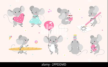 Maus-Zeichentrickfiguren. Süße Mäuse stilisiert, Ratten in verschiedenen Posen. Isolierte, kindliche Tierkreaturen, lustige komische Ratte, die heute Vektor spielt Stock Vektor