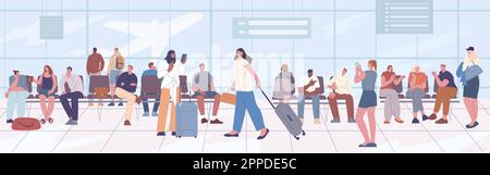 Wartezimmer am Flughafen, ein Paar sitzt in der Lounge. Business-Zimmer, internationale Gäste im Terminal. Touristenanreise und -Abfahrt Kicky Vector Stock Vektor