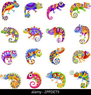 Farbenfrohe Chamäleons. Exotische wilde Tiere, neuere, vektorstilisierte Bilder von Eidechsen Stock Vektor