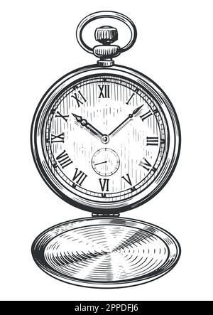 Mechanische klassische Taschenuhr mit Deckel. Ziffernblatt mit römischen Ziffern. Vektordarstellung der Vintage-Skizze Stock Vektor
