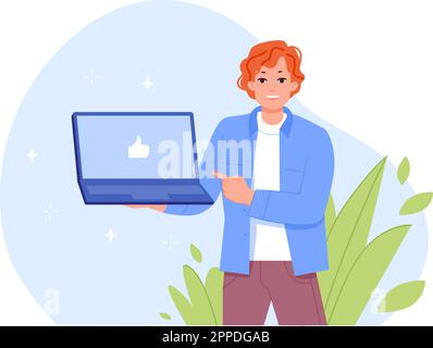 Mann, der ein Notizbuch zeigt. Ein junger Manager zeigt mit dem Finger auf ein Notebook, ein glücklicher Geschäftsmann hält einen Computer mit einem PC-Monitor auf einem Bildschirm, ein Hipster-Selbstvertrauen-Mitarbeiter-Vektorbild eines Mannes mit einem Notebook Stock Vektor