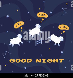 Schafe zählen. Lustige Schafe springen über den Zaun, um zu zählen, schlaflose Nächte Schlaflosigkeit oder guter Schlaf, schläfrige Lamm-Comic-Babyfigur, Cartoon-Vektordarstellung von Schafen und Zaunsprung Stock Vektor