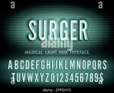 Surger-Schild mit schmalem, kaltgrünem Neon-Kasten-Alphabet auf dunklem Backsteinhintergrund. Medizinzimmer-Nachtlicht-Schrift mit Zahlen. Vektordarstellung Stock Vektor