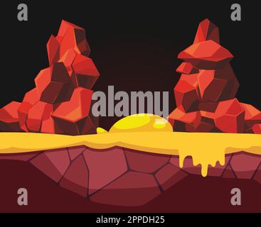 Lavahöhle mit Fels und fließender flüssiger Lava im Hintergrund. Vektorbild-Cartoon Stock Vektor