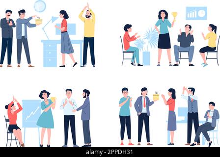 Kollegen klatschen und gratulieren. Applaus für flache Arbeiter, Klaps für Büroleute. Arbeitsfortschritt, Partnerschaft und Geschäftsprozesse in jüngerer Zeit Stock Vektor