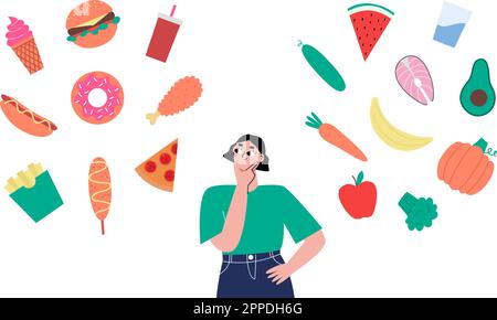 Gesundes vs. Fast Food, schlechte und gute Ernährung. Eine Frau, die über Speisekarte, Süßigkeiten und Desserts nachdenkt. Diät-Wahl, denke an Essen. Sapid-Vektor-Lebensstil Stock Vektor