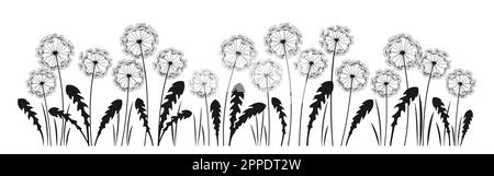 Abbildung einer Tintensilhouette mit Löwenzahn. Abstrakte Blüten Löwenzahn, der schwarze Pflanzen graviert. Botanik-Design-Vorlage für Blumenzeichnungen, Werbetext, Posterkarte, Cover, Einladungsflyer Stock Vektor