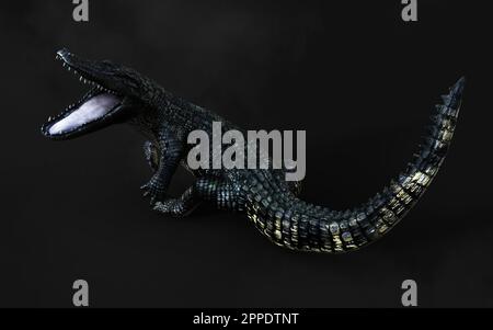 3D-Darstellung eines grünen American alligator auf grauem Hintergrund isoliert, Amerikanische Krokodil. Stockfoto