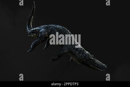 3D-Darstellung eines grünen American alligator auf grauem Hintergrund isoliert, Amerikanische Krokodil. Stockfoto