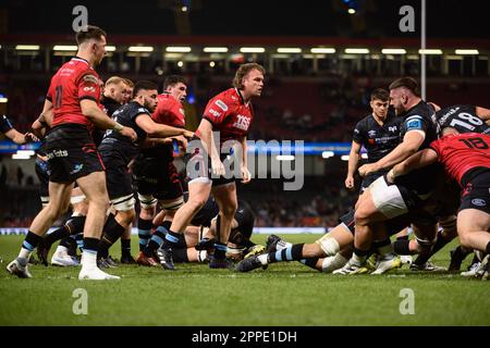 Cardiff, Wales. 22. April 2023 Kristian Dacey beim Rugby-Spiel am URC Welsh Shield Judgement Day, Ospreys gegen Cardiff Rugby im Fürstentum-Stadion in Cardiff, Wales. Kredit: Sam Hardwick/Alamy Live News. Stockfoto