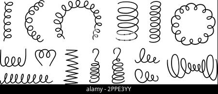 Von Hand gezogener Spiralfedersatz. Flexible Spulen, Drahtstifte. Spiralsymbole mit Metallspulen. Vektordarstellung isoliert auf weißem Hintergrund Stock Vektor