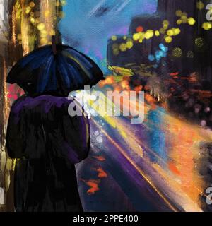 Handgezeichnete Illustration einer Männerfrau mit Regenschirm in der nächtlichen Stadt. Ampeln, Verkehrslärm, Stadtbild, beleuchtete Skyline des Stadtverkehrs, Ölgemälde Stockfoto