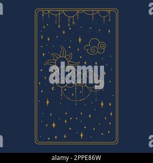 Goldene Karte mit Tarotoptik. Arcana-Tarot-Design für oracle-Kartenabdeckungen. Vektordarstellung isoliert auf blauem Hintergrund Stock Vektor