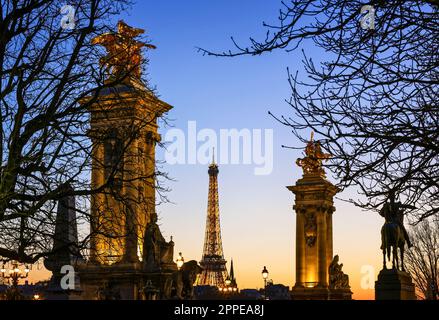 FRANKREICH. PARIS (75) ALEXANDRE III BRÜCKE UND EIFFELTURM IN DER DÄMMERUNG Stockfoto