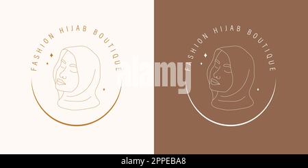Mode-Hijab-Boutique. Vector-Logo-Design für Bekleidungsgeschäft. Lineare muslimische Frau mit geschlossenen Augen. Minimalistische, trendige Illustration Stock Vektor