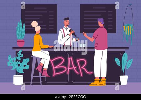 Die Inneneinrichtung der Bar. Die Gäste bestellen Getränke. Ein Freundespublikum. Professioneller Barkeeper bei der Arbeit. Mann und Frau warten auf Cocktails an der Cafétheke. Barkeeper Stock Vektor