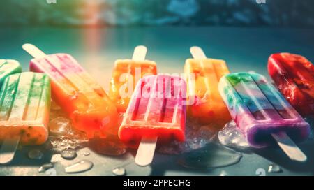 Eis am Stiel, Eis am Stiel, selektive Nahaufnahme, heller Sommerhintergrund. Kühlende Sommerdesserts Stockfoto