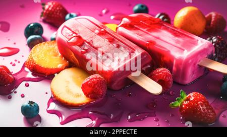 Eis am Stiel aus frischen, saftigen Beeren, Nahaufnahme, selektiver Fokus, leuchtender sommerlicher pinkfarbener Hintergrund. Kühlende Sommerdesserts Stockfoto