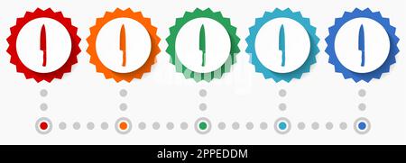 Küchen-Kinfe-Vektor-Symbolsatz, farbenfrohe Infografik-Vorlage, Satz flacher Badge-Symbole in 5 Farboptionen Stock Vektor