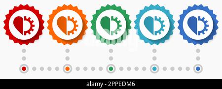 Symbolsatz für Herz- und Zahnradvektor, farbenfrohe Infografik-Vorlage, Satz flacher Badge-Symbole in 5 Farboptionen Stock Vektor