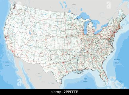 Komplexe Roadmap der USA mit Interstates, USA Autobahnen und Hauptstraßen. Stock Vektor