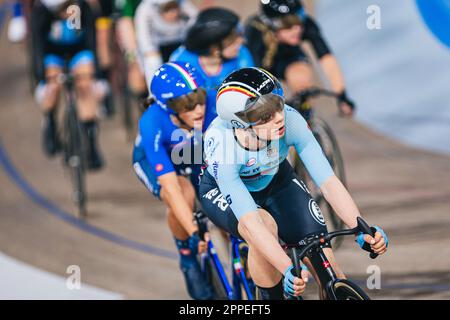 Milton, Kanada. 23. April 2023. Foto von Alex Whitehead/SWpix.com - 23/04/2023 - Radfahren - Tissot UCI Track Nations Cup, Runde 3: Milton - Mattamy National Cycling Centre, Ontario, Kanada - Women's Omnium - Lotte Kopecky von Belgien Kredit: SWpix/Alamy Live News Stockfoto