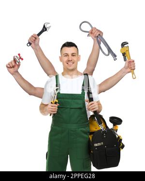 Klempner mit verschiedenen Werkzeugen auf weißem Hintergrund. Multitasking-Handwerker Stockfoto