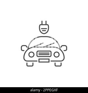 Lineares Vektorsymbol für Elektroautos. Umweltfreundlicher Automatikmodus. Umweltfreundliches Fahrzeug. Automobil mit Elektrostecker. Darstellung der Vektorkontur isoliert auf weißem Untergrund Stock Vektor