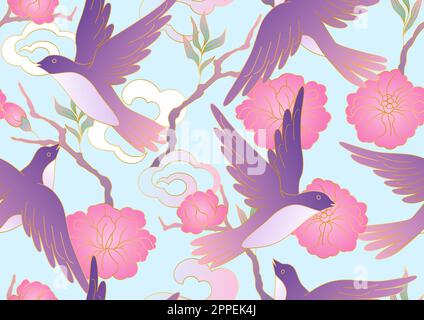Orientalische Vögel- und Blumenmuster. Traditioneller chinesischer und japanischer Hintergrund. Stock Vektor