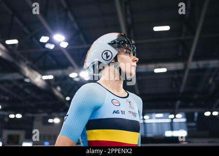 Milton, Kanada. 23. April 2023. Foto von Alex Whitehead/SWpix.com - 23/04/2023 - Radfahren - Tissot UCI Track Nations Cup, Runde 3: Milton - Mattamy National Cycling Centre, Ontario, Kanada - Women's Omnium - Lotte Kopecky von Belgien Kredit: SWpix/Alamy Live News Stockfoto