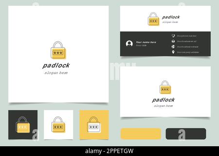 Logo mit Vorhängeschloss und editierbarem Schriftzug. Branding-Buch und Visitenkartenvorlage. Stock Vektor