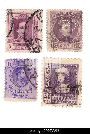 Klassische Briefmarken aus Spanien isoliert auf weißem Hintergrund. Stockfoto