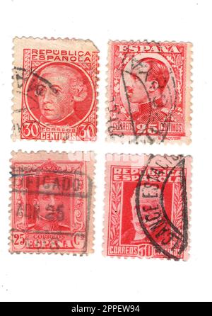 Klassische Briefmarken aus Spanien isoliert auf weißem Hintergrund. Stockfoto