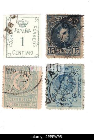 Klassische Briefmarken aus Spanien isoliert auf weißem Hintergrund. Stockfoto