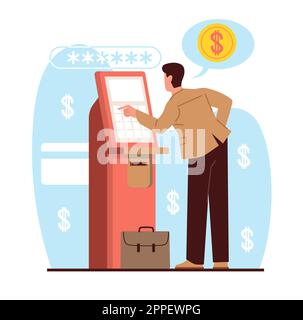 Der Mann nimmt Geld von einem Geldautomaten oder Bankterminal. Banküberweisungen, automatisierte Automaten, elektronische Geldautomaten. Bankkunde. Finanztransaktionen Stock Vektor