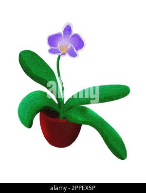 Handgezeichnete, wässrige, strukturierte Hauspflanze blühende lila Orchidee in braunem Tontopf, Blumentopf Stockfoto
