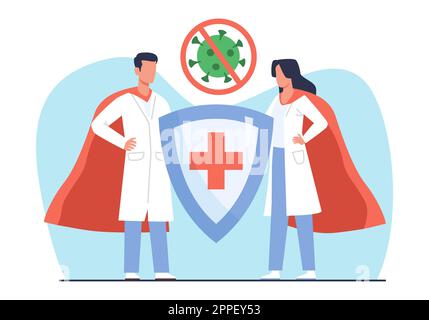 Superarzt und Krankenschwester bekämpfen Viren und Bakterien. Mann und Frau mit Schild, Therapeut und Chirurg in Uniform, mit Tarnung. Medizinisches Team Stock Vektor