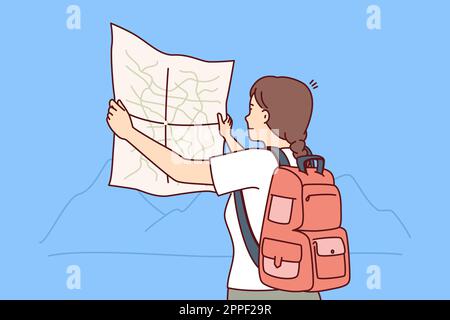 Eine Touristin schaut sich die Karte an und wählt eine Route für eine Reise durch die Wildnis während einer Wanderung in der Bergregion. Touristin mit Rucksack hinter dem Rücken studiert Karte des Nationalparks und genießt Reisen Stock Vektor