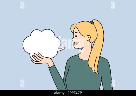 Lächelndes Mädchen mit einer Sprechblase drückt Meinung oder Gedanken aus. Eine glückliche Frau mit Sprechblasen-Gerede oder etwas sagen. Vektordarstellung. Stock Vektor