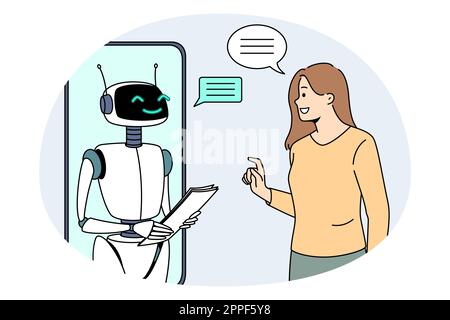 Künstliche Intelligenz und Technologien Konzept. Lächelndes Mädchen, das auf dem Smartphone-Bildschirm steht und mit dem weißen Roboter-bot kommuniziert, der mit ihrer Vektorgrafik kommuniziert Stock Vektor