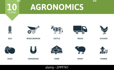 Agronomische Modellreihe. Kreative Symbole: Silo, Schubkarre, Vieh, Truck, Huhn, Eier, Hufeisen, Bauernhof, Schafe, Bauer. Stock Vektor