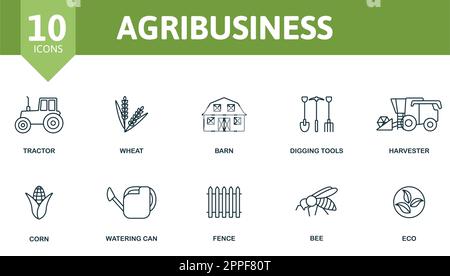 Landwirtschaftsmodell. Kreative Symbole: Traktor, Weizen, Scheune, Grabwerkzeuge, Erntemaschine, Mais, Gießkanne, Zaun, Biene, Öko. Stock Vektor