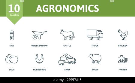 Agronomische Modellreihe. Kreative Symbole: Silo, Schubkarre, Vieh, Truck, Huhn, Eier, Hufeisen, Bauernhof, Schafe, Bauer. Stock Vektor