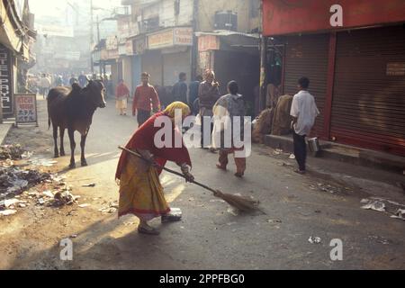 Menschen und Heilige Kühe in der Altstadt von Alt-Delhi in der indischen Stadt Delhi. Indien, Delhi, Februar 1998 Stockfoto