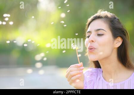 Glückliche Frau, die im Frühling in einem Park Löwenzahn bläst Stockfoto