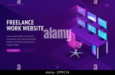 Isometrische Landing-Page der Website für freiberufliche Arbeit. Arbeitsplatz mit Computertisch, Sessel und vielen pc-Monitoren. Service für entfernte Mitarbeiter Freiberufler Cartoon Vector Illustration Webbanner Stock Vektor