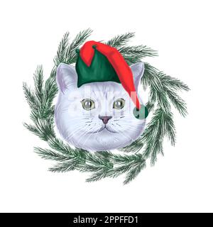 NIEDLICHE KATZE IM WEIHNACHTSKRANZ, WEIHNACHTSSTIMMUNG. HANDGEZEICHNETE ILLUSTRATION, KANN FÜR KINDER UND ERWACHSENE WAREN, KLEIDUNG, STOFF, POSTKARTEN VERWENDET WERDEN Stockfoto