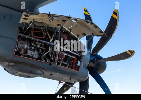 BERLIN, DEUTSCHLAND - 23. JUNI 2022: Turboprop-Motor Europrop TP400-D6, Militärtransportflugzeug Airbus A400M Atlas. Ausstellung ILA Berlin Air Show 2022 Stockfoto